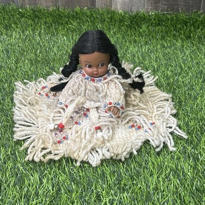 Vintage Native American Style Half Doll Yarn Dress Beaded Figurine