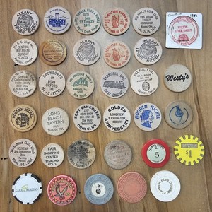 Junk Drawer Lot- Wooden Nickels, Casino Chips, Milk Cap -Washington, Oregon, Ect
