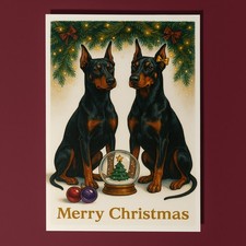 Doberman Dogs Duo - Snow Globe - Merry Christmas Card & Envelope Personalised