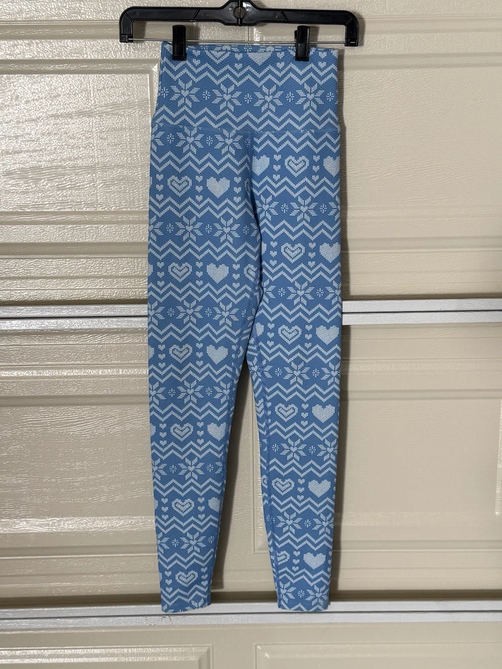 Leggings BEACH RIOT Fair Isle XS Azul Blanco Copo de Nieve Corazón Tejido Patrón Elástico Foto 4 de 4