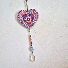 Heart Multicolor Rhinestone Hanging Suncatcher w/ Crystal Prism Teardrop
