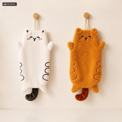 2-Pack Cute Cartoon Cat Coral Fleece Hanging Towels - Ultra Soft Quick-Dry