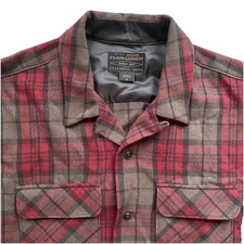 Filson Buckner Wool Camp Shirt Red Dark Earth Brown Plaid Medium Loop Collar