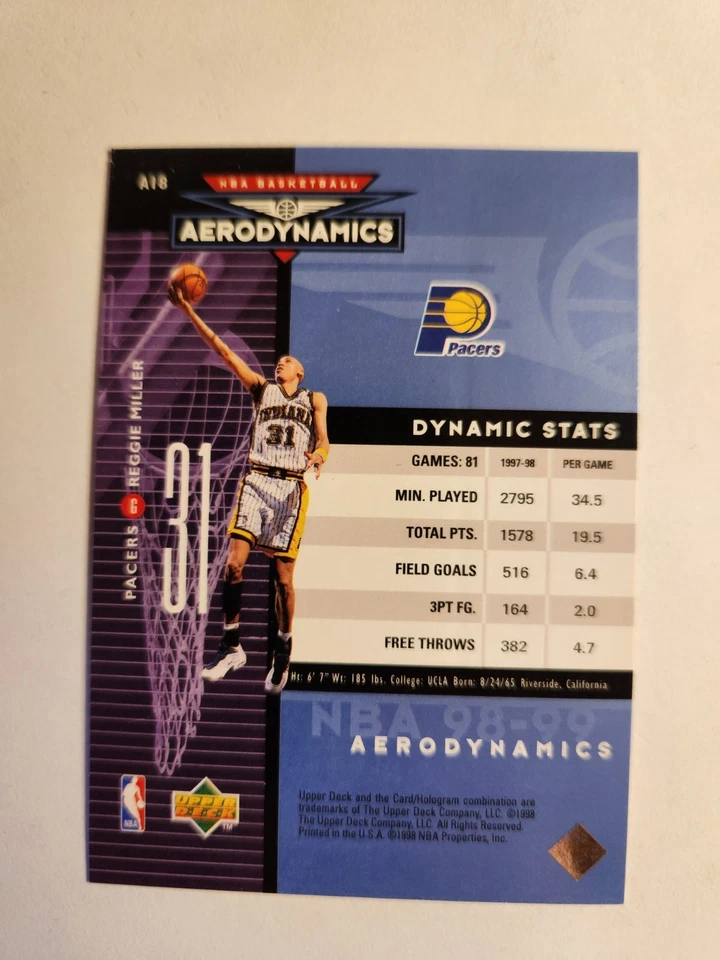 1998-99 Upper Deck - Aerodynamics Reggie Miller #A18 - Image 2 of 2