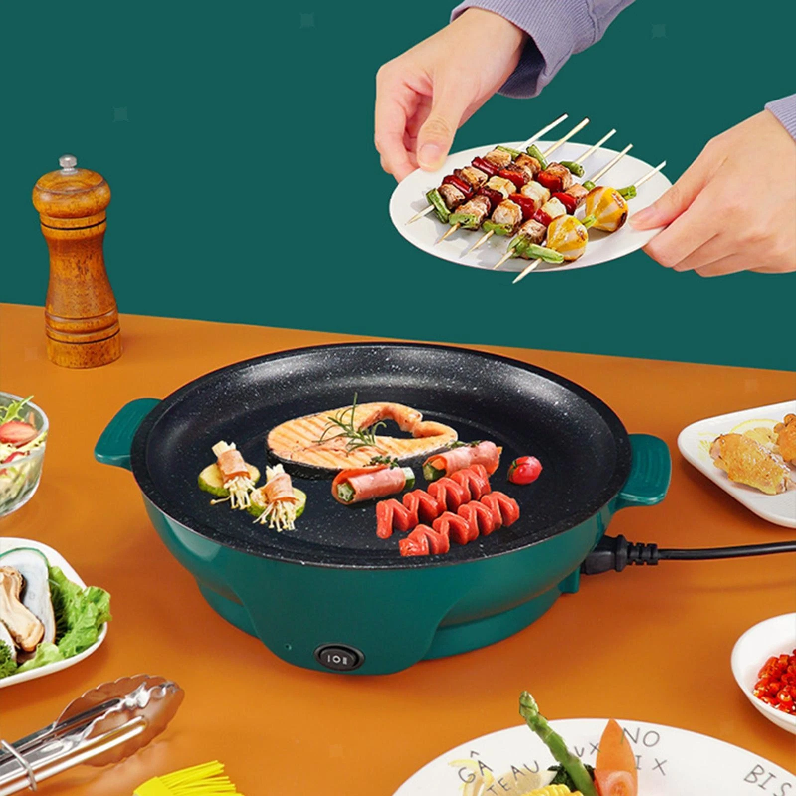 Electric Grill Electric Skillet 110V Barbecue Indoor Household Stay Cool Handles