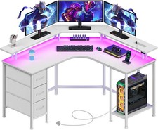 L-Shaped Gaming Desk, Corner Computer Desk with LED Lights & Power Outlets, 3 Fa