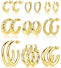Gold Hoop Earrings Set for Women Girls Trendy 14K Plated Gold Hoops Small Chu...