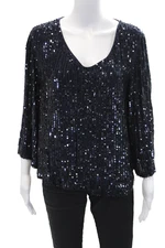 Velvet by Graham & Spencer Womens Sequins Scoop Neck Blouse Top Blue Size L