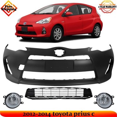 Front Bumper Cover Primed Plastic & Fog Lights Kit For 2012-2014 Toyota Prius C