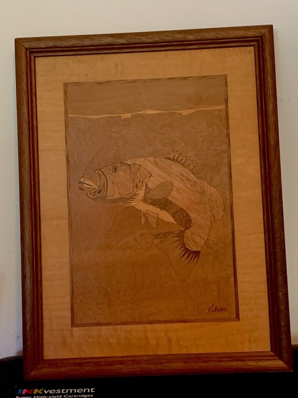 Framed Wood  Exotic Wood Inlay  Art Frame Giant Bass -Hand Made Work Of Art !
