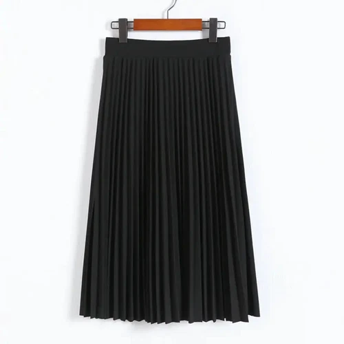 Neu Hohe Taille Plissee Einfarbig Halblang Mode Elastisch Rock - Bild 20 von 29