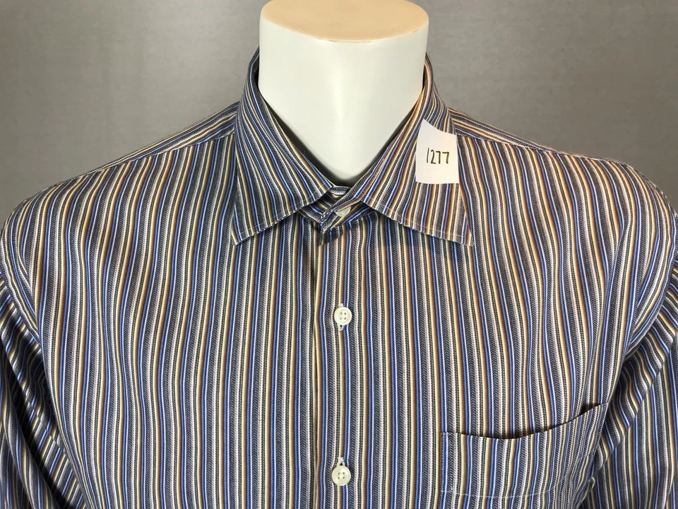 Men’s Barry Bricken XXL 2XL Candy Colored Metallics Blues & Tans Striped Shirt - Image 2 of 4