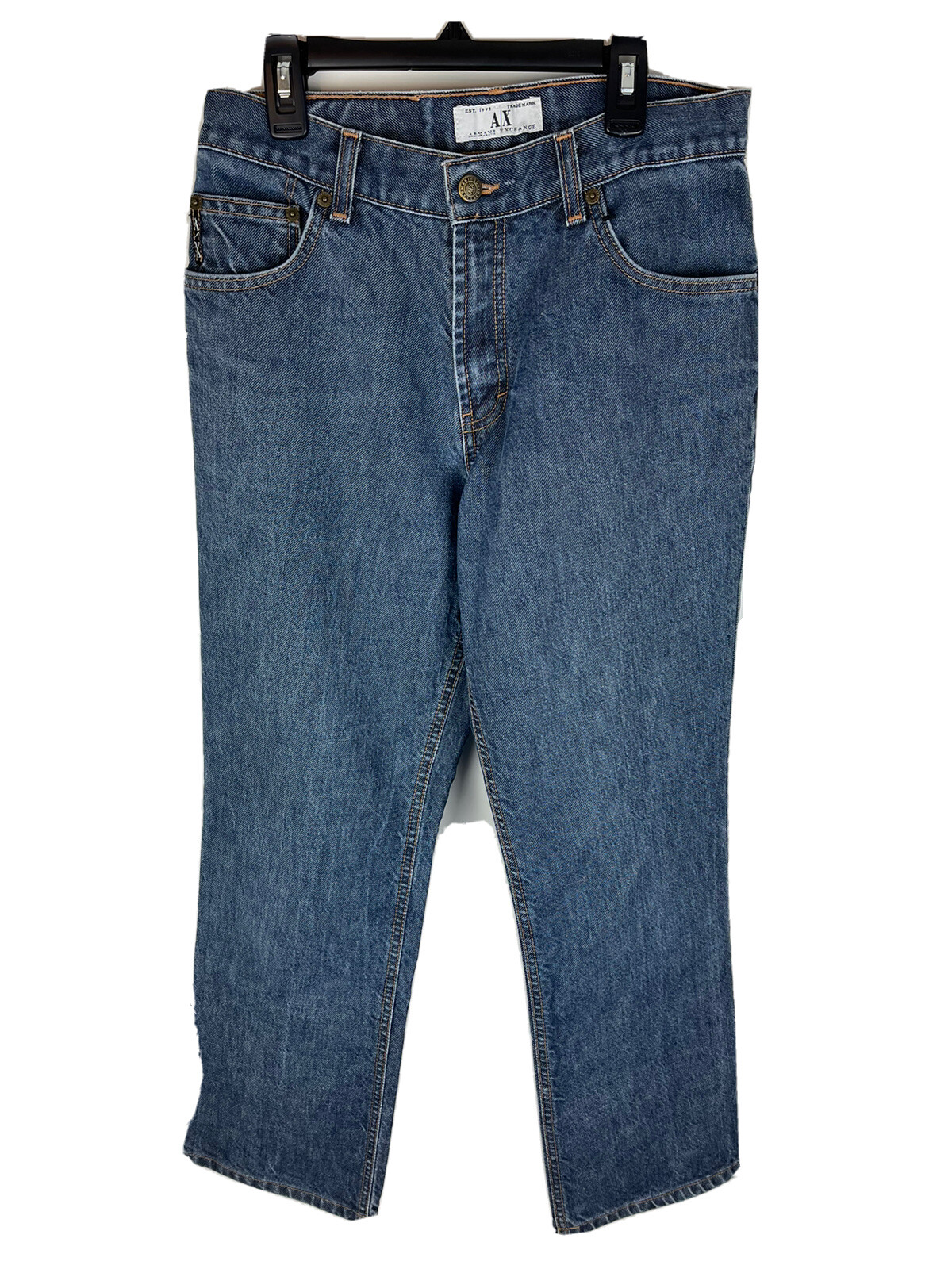 AX Armani Exchange J40 women’s blue short regular bootleg jeans with front pockets, belt loops, and branded waistband label.