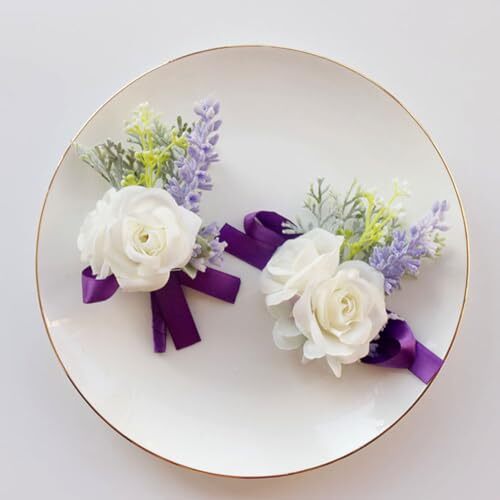 Wrist Corsage and Boutonniere Set for Groom Bride Groomsmen Purple White 2pcs - Picture 5 of 8