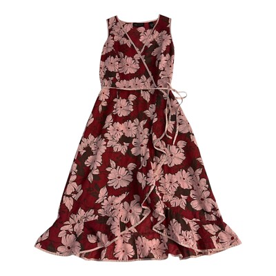 Context Cotton Linen Floral Faux Wrap Sleeveless Dress Ruffles Self Belt Size 2