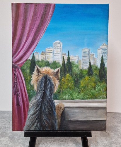 Yorkshire Terrier Portrait Acrylic Painting Dog Art Canvas 12x16 in Handmade