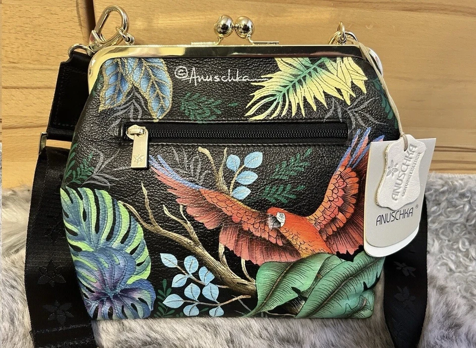 ANUSCHKA LEDER TASCHE UMHÄNGETASCHE HANDBEMALT MOTIV: PAPAGEI - Bild 4 von 4