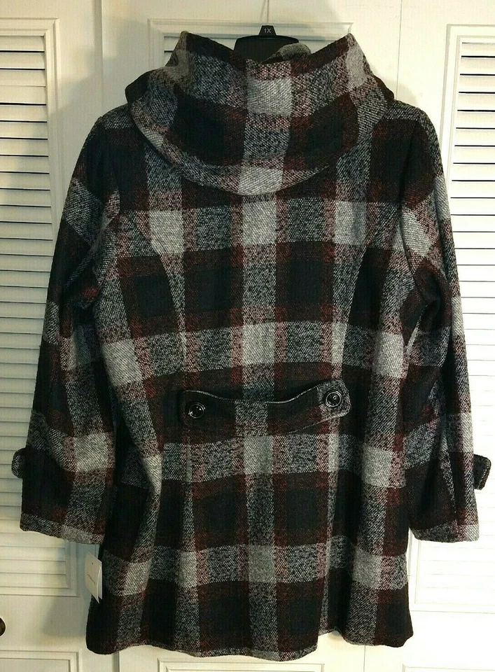 NWT Women's Plus Croft & Barrow Hooded Coat Plaid Black Red Gray Size 1X - Image 2 of 4