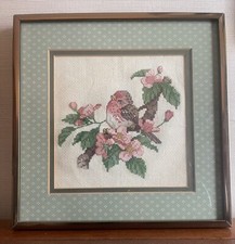 Vintage Needlepoint Framed & Matted Bird on a Branch Beautiful