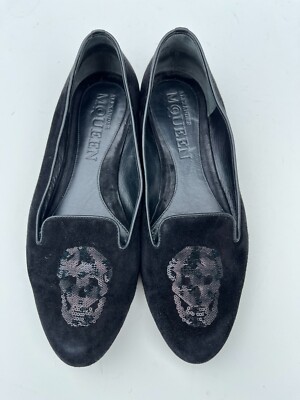 ALEXANDER McQUEEN Skull Black Suede Loafers Flats Size 37