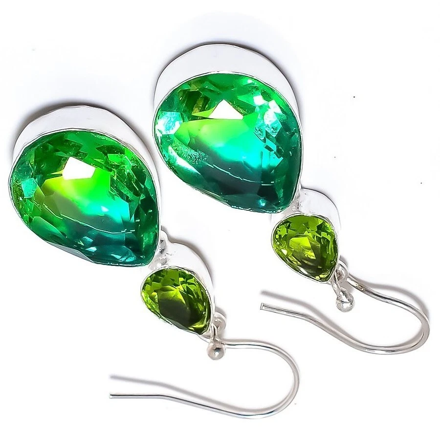 Bi Color Tourmaline Gemstone Handmade 925 Sterling Silver Jewelry Earrings 1.80" - Image 3 of 4