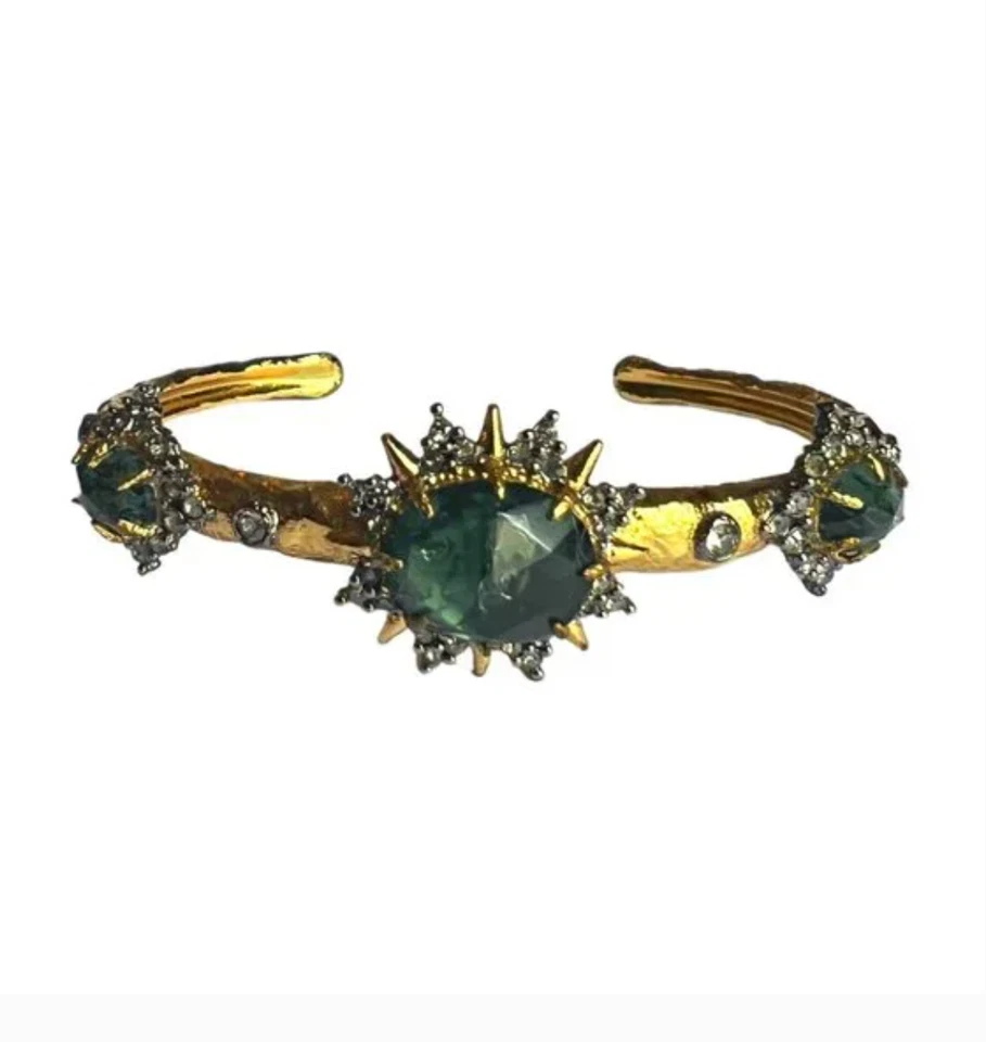 PULSERA BRAZALETE ALEXIS BITTAR CHAPADO EN ORO SUNBURST CON PIEDRAS VERDES FACETADAS