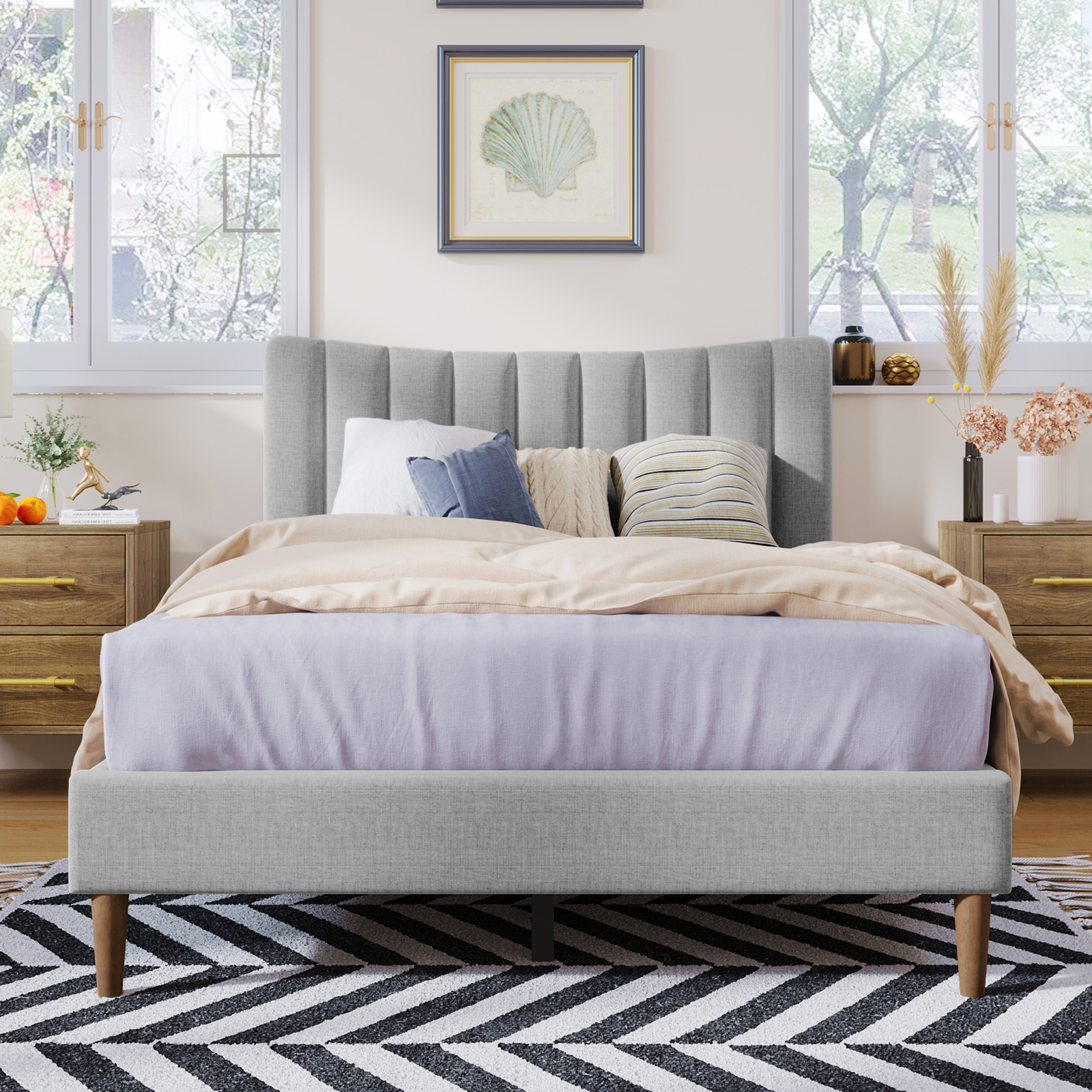 Upholstered Platform Bed Frame w/ Vertical Channel Tufted Headboard, Full,Gray