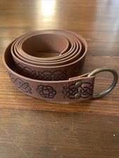 Brown Medieval Celtic Embossed Emblems Faux Leather Belt with Steel Ring 70x1.5"