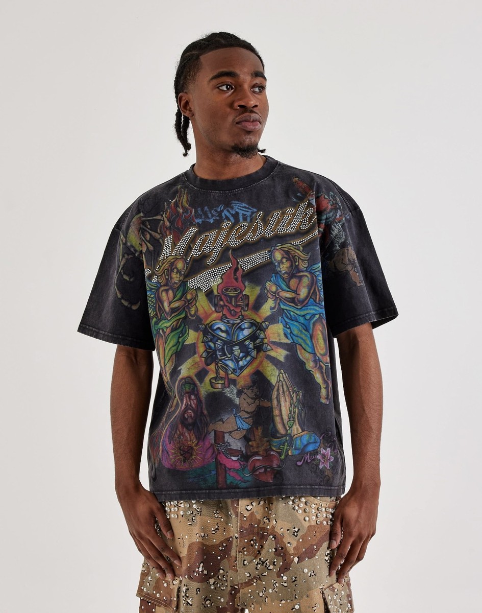 Majestik Prayers Graphic Print Black SS Tee Rhinestones Regular