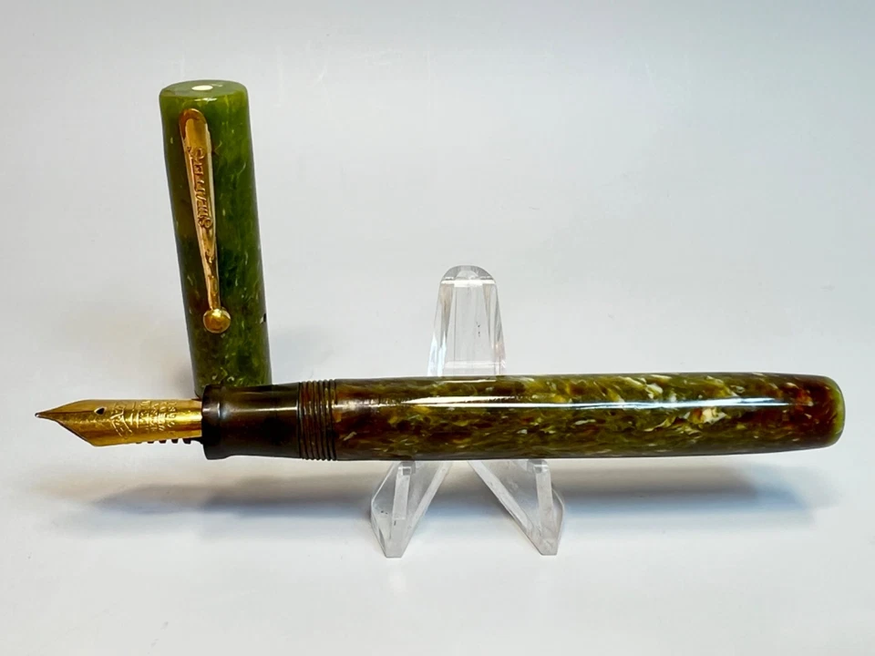 1920 Sheaffer Flat Top Slender Full Size 14k Nib Fountain Pen Jade Green Marbled - Image 2 of 4