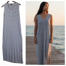 J Crew Sz Medium 8 10 Maxi Dress Striped Gray Stretch V-Neck Slvlss Nautical K
