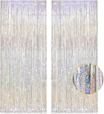2 Pack 3.2Ft X 8.2Ft Silver Metallic Tinsel Foil Fringe Curtains, Door Streamer