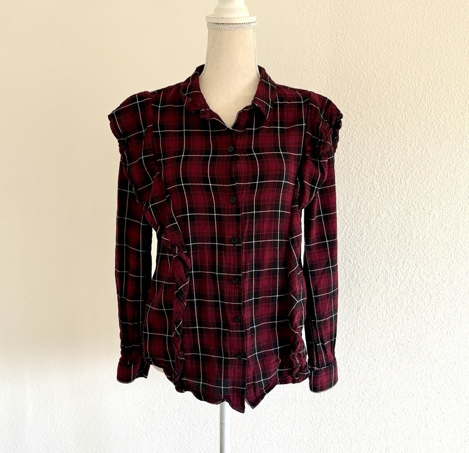 BCBGeneration Ruffled Plaid Button-down Shirt - P… - image 1