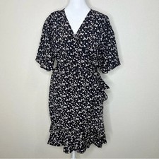 K by Kersh Black Pink White Floral V-Neck Flutter Sleeve Ruffle Wrap Dress XL