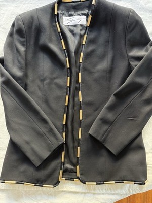 VTG 90s Genny *Exquisite* Black Wool Open Blazer W/ Gold Metal Piping 10 Versace