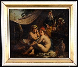 19th CENTURY FRENCH ORIENTALIST OIL CANVAS FIGURES INTERIOR ANTIQUE PAINTING