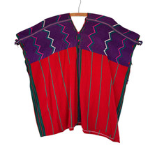 Vintage 1970s Handmade Woven Huipil in Red and Purple