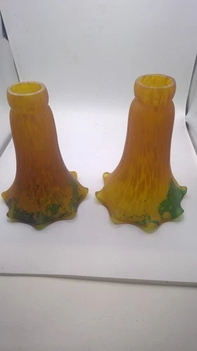 Vintage Green Amber Lilly Lily Blown Glass Shade For Tiffany Style Lamp Set Of 2