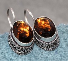 Vintage Smoky Topaz Hook Wire 925 Silver Plated Earrings 1.2