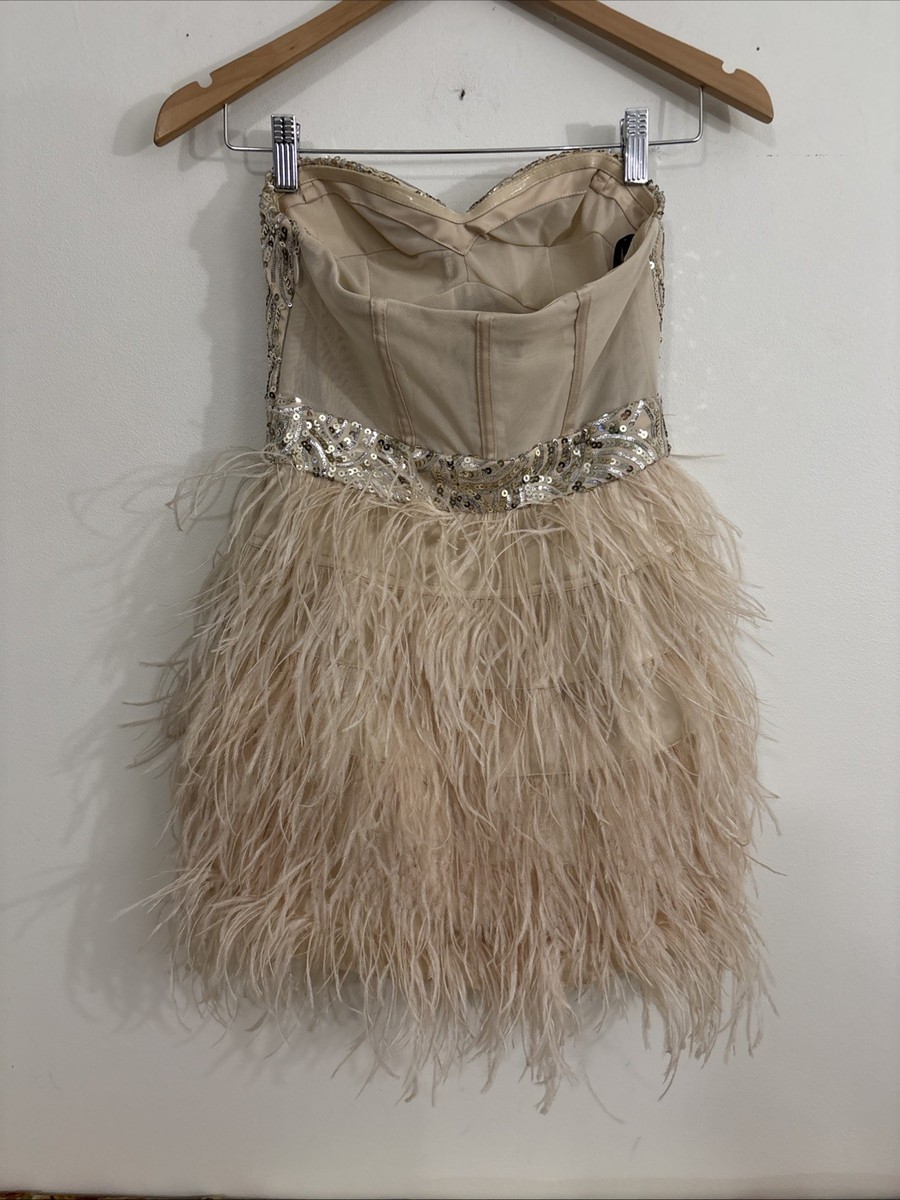 Bebe Sequins Feather Strapless Mini Dress Silver/Gold XS Prom Party  Cocktail View 2