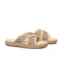 TORY BURCH T MONOGRAM JACQUARD LEATHER CROSS ESPADRILLE SLIDES SANDALS 7, NIB