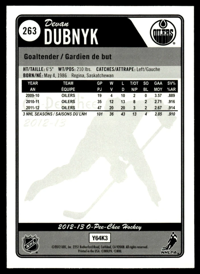2012-13 O-Pee-Chee RAINBOW FOIL Devan Dubnyk Edmonton Oilers #263 - Image 2 of 2