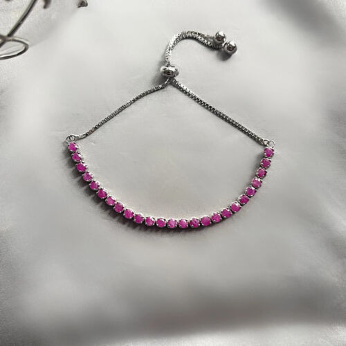 Genuine Natural Red Ruby Round Set Adjustable 925 Silver Bolo Slide Her Bracelet - Picture 3 of 9