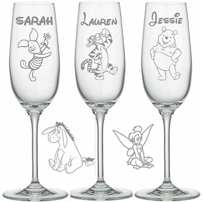 Personalised Engraved Champagne flute glass disney pooh eeyore tigger tinkerbell