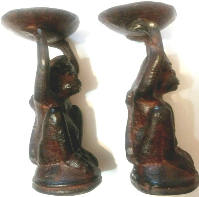 African Curios 2 Brass Monkeys holding trays 5in tall x 23/16in