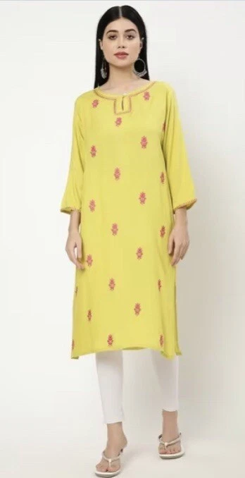 Srishti India Kurta Lime Green Embroidered Floral tunic dress size