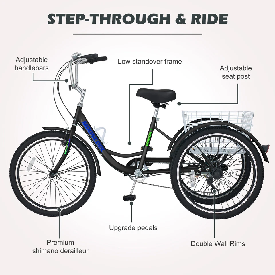 20"/24"/26" 7-Speed Adult Trike Tricycle 3-Wheel Bike w/ Basket for Shopping - Image 3 of 4