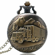 Retro Truck Design Full Hunter Unisex Quartz Pocket Watch Necklace Chain Gift