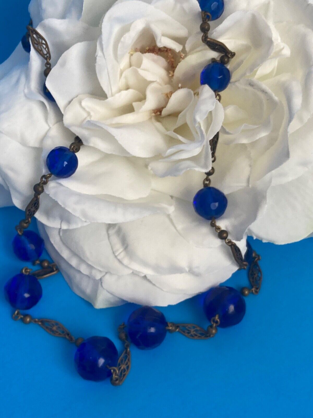 Antique Vtg Blue GLASS Beaded Necklace Art Deco F… - image 12