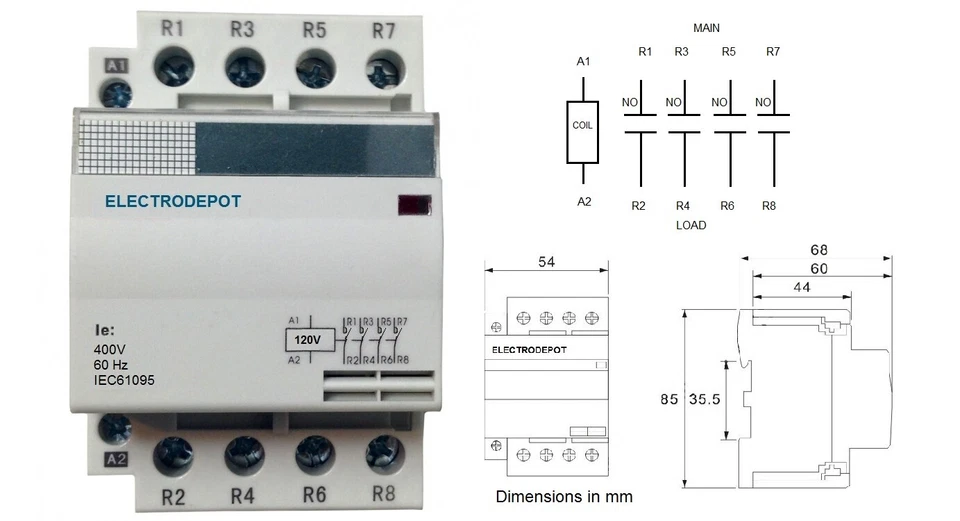 Contactor 4 Pole, 40Amp Coil 110V 120VAC 30A, 50A N/O Silent, FREE DIN Rail 40A - Image 2 of 3